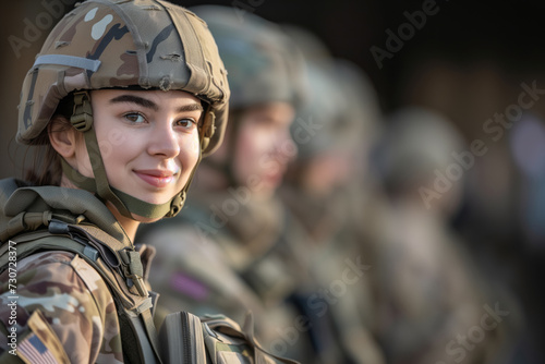 Portrait of a beautiful young girl in military clothing, helmet and combat ammunition against a background of other military personnel