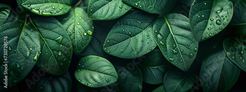 Abstract Green leaves with water droplets background. Concept of ecology and healthy environment.