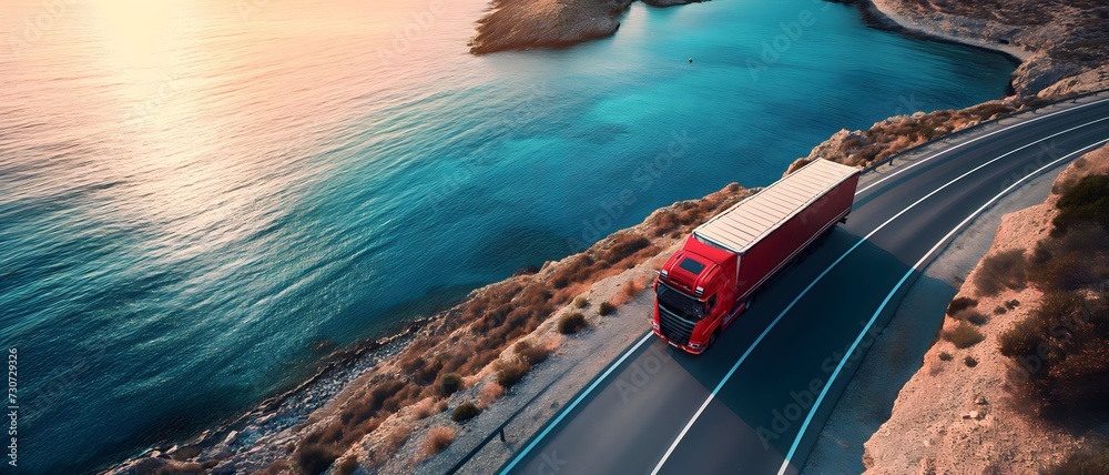 red truck driving along the road, cargo transportation concept