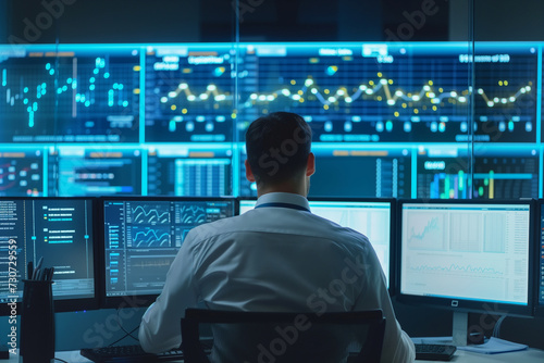 Rear view of businessman working on monitor with statistics chart. Monitoring room technical operator observes system stability.