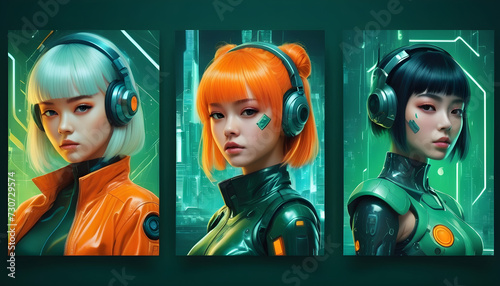 Futuristic and Cyberpunk poster. Retrofuturistic posters with cute anime girls, hi-tech, y2k geometric shapes.