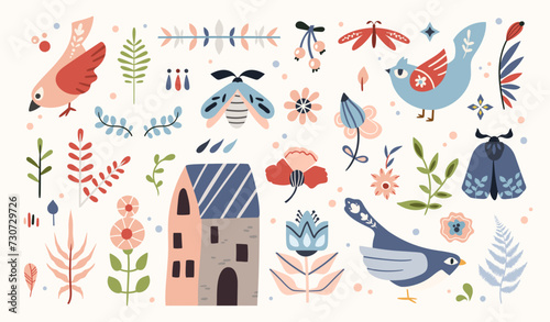 Folk hygge clip arts vector set in Scandinavian cozy and cute style, isolated designs on white. Collection of eclectic ethnic elements. The scandi folk motifs - bird, flower, moth, leaves, house