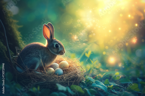 Easter bunny with nest of Easter eggs in the magic forest background. Easter card