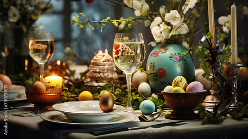 An elegant Easter celebration table setting featuring a gilded egg holder with pastel-colored eggs under a glass dome, surrounded by delicate china teacups and plates with floral motifs. 