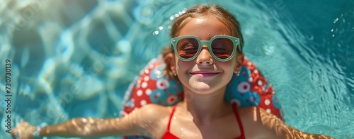 Summer Splash: A Young Girl in a Red Swimsuit and Sunglasses Generative AI