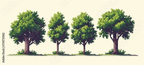Set of pixel art trees in vibrant green  styled in nostalgic 8-bit graphics  offering a minimalist and charming take on natural beauty.