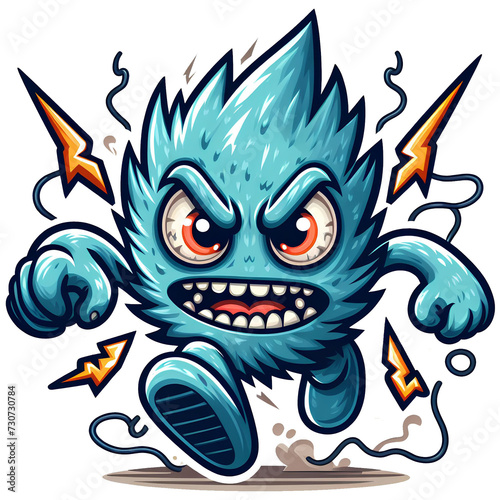 Angry Electric Monster Running Front View, Transparent Background