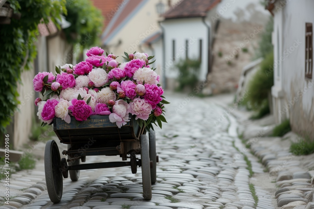 cart filled with peonies crossing a quaint cobblestone street