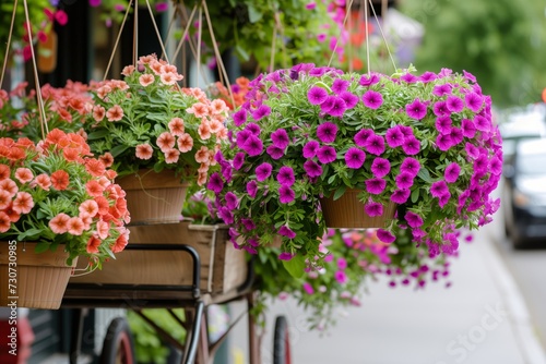 Wallpaper Mural cart with hanging baskets of petunias on a city sidewalk Torontodigital.ca