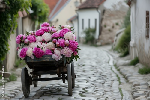 cart filled with peonies crossing a quaint cobblestone street photo