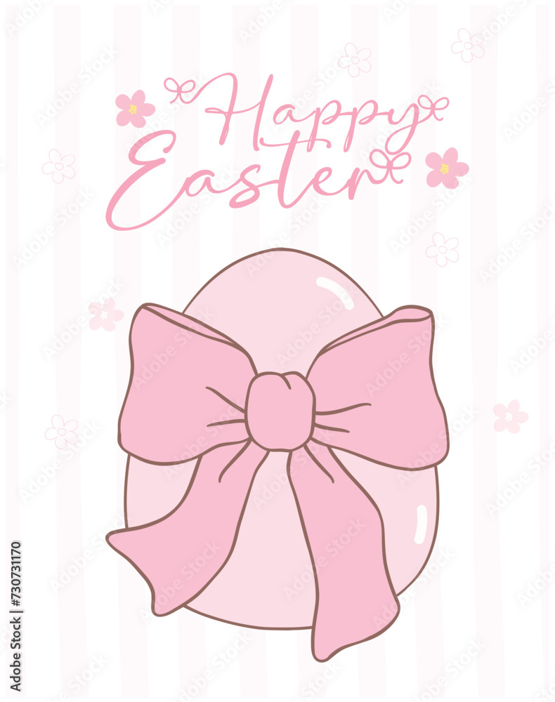Cute Coquette Easter egg with pink bow Cartoon banner, sweet Retro Happy Easter spring animal Hand Drawing.