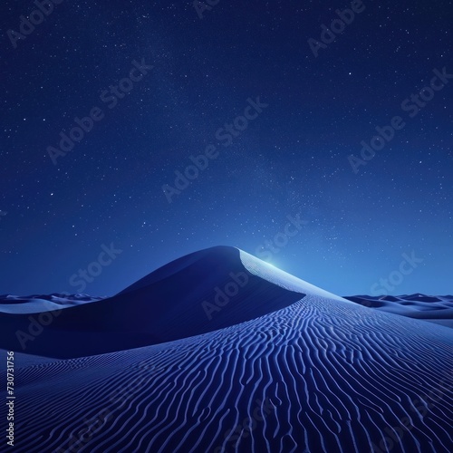 Mounds of exotic desert hills with a beautiful blue color at night are complemented by slight reflections of white light against the backdrop of space stars and galaxies. Generative Ai