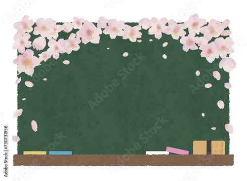 桜と黒板のフレーム、水彩画風ベクターイラスト
