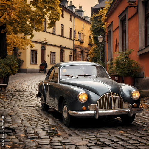 A vintage car parked on a cobblestone street. © Cao