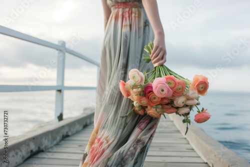 woman in a maxi dress and a bouquet of ranunculus strolling on a pier