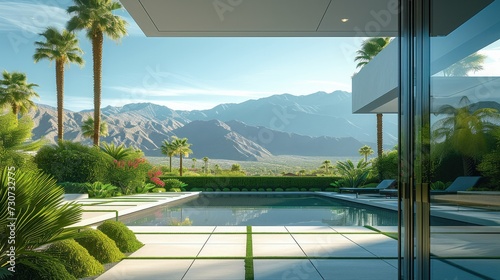A patio open to a lush landscape in palm springs, in the style of flattened perspective, rectangular fields. Generative AI. photo