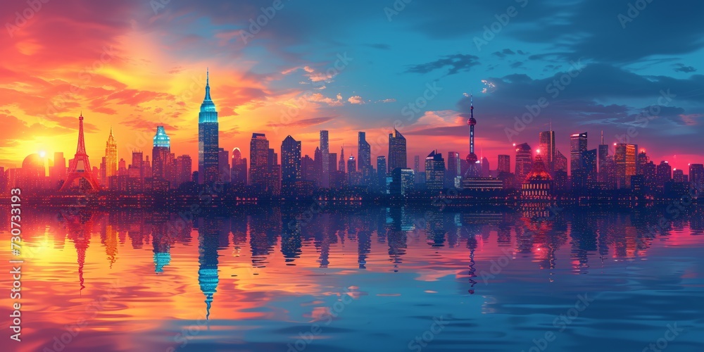 Sunset Skyline: A Glimpse of the City at Dusk Generative AI