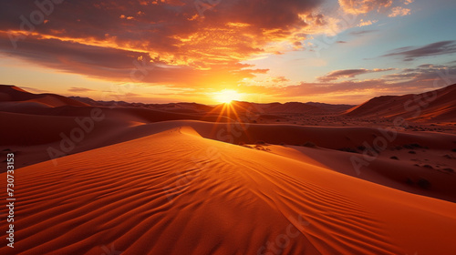 Sunrise over the Sahara dunes, casting a warm glow on the arid nature and vast landscape of Africa