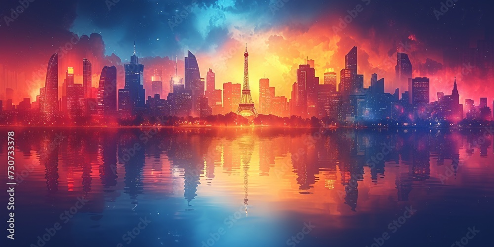 Sunset in the City of Lights: Eiffel Tower and Skyscrapers Reflected in the Water Generative AI