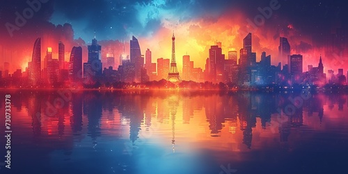 Sunset in the City of Lights: Eiffel Tower and Skyscrapers Reflected in the Water Generative AI