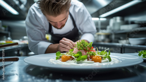 A Chef plating a gourmet dish in modern kitchen. Generative AI.