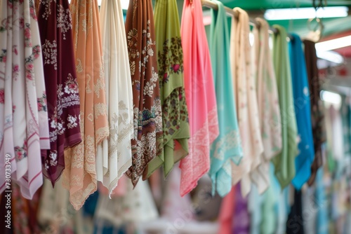 rows of hijabs hanging from a market stall