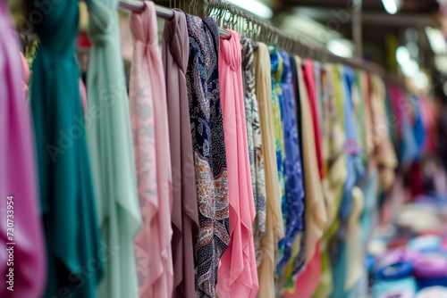 rows of hijabs hanging from a market stall