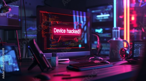 A Computer showing "Device hacked" popup alert on screen, security breach, hacking.