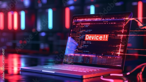Computer screen showing hacking texts or skull, cables and dark red room in the background