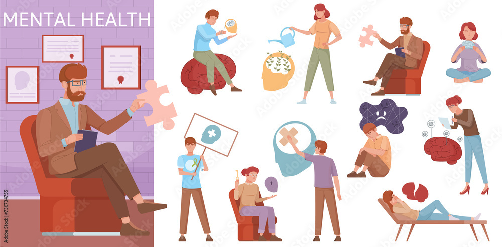 Mental health illustration and icons in flat design Mental health illustration and icons in flat design