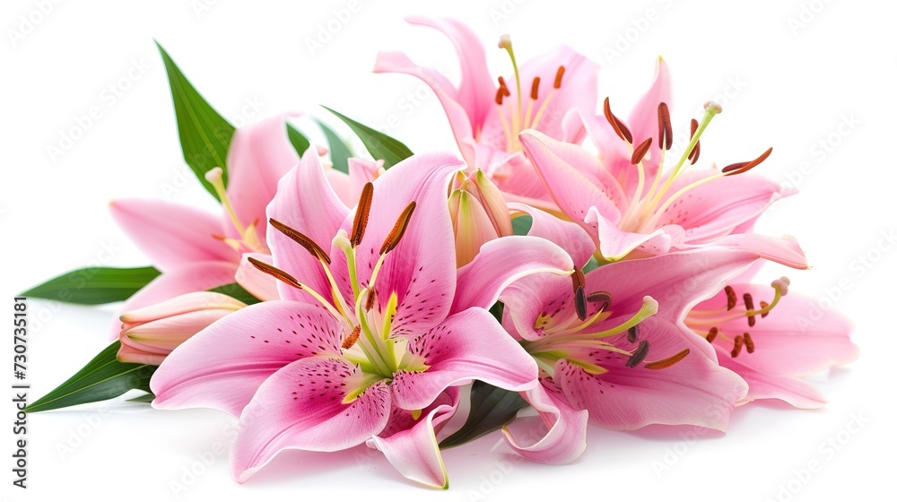 Pink lilies on a white background. Pink lilies for a greeting card on a white background. Bouquet of pink lilies, generative ai, 