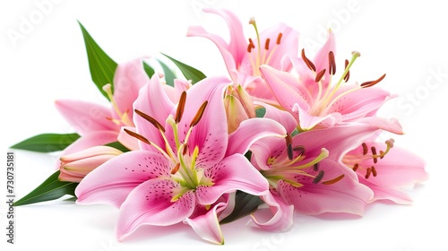 Pink lilies on a white background. Pink lilies for a greeting card on a white background. Bouquet of pink lilies, generative ai, 