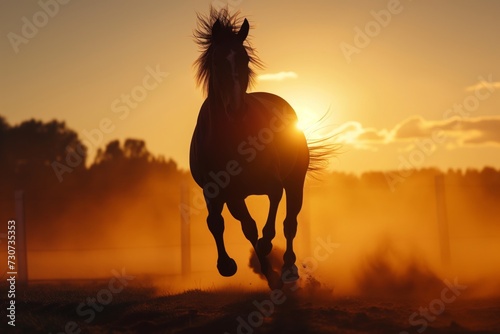 silhouette of horse running at sunset directly at camera, dust silhouette