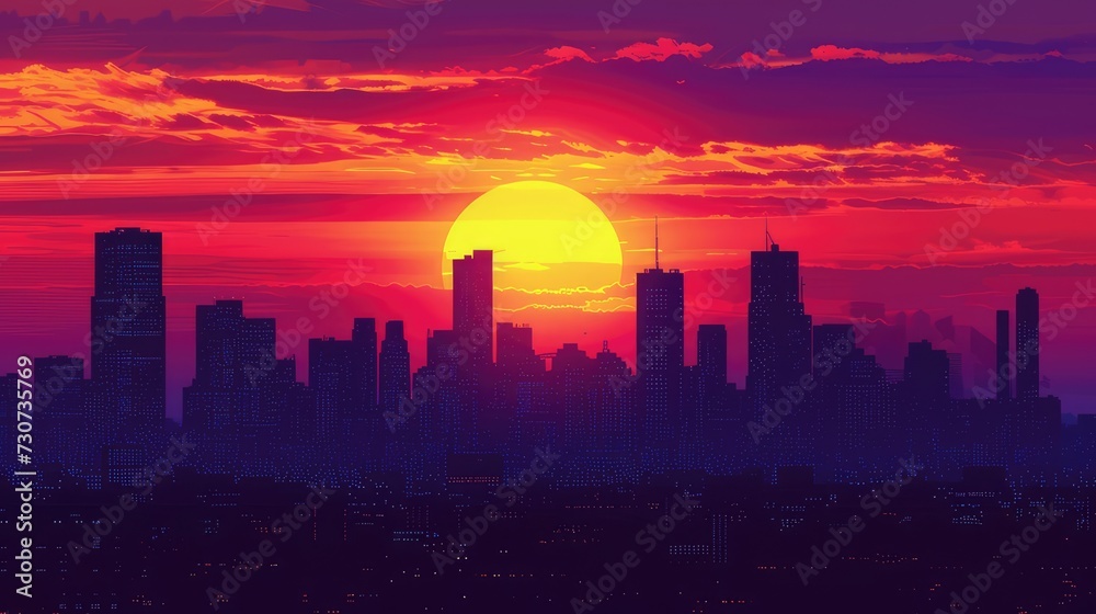Sunset in the city, synthwave illustration, AI generated Image