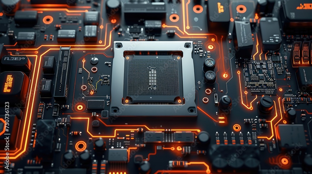 A dynamic 3D rendering that captures the essence of technology and tech innovation. Highlight digital elements, such as hardware, integrated circuits, electronic chips. Generative AI.