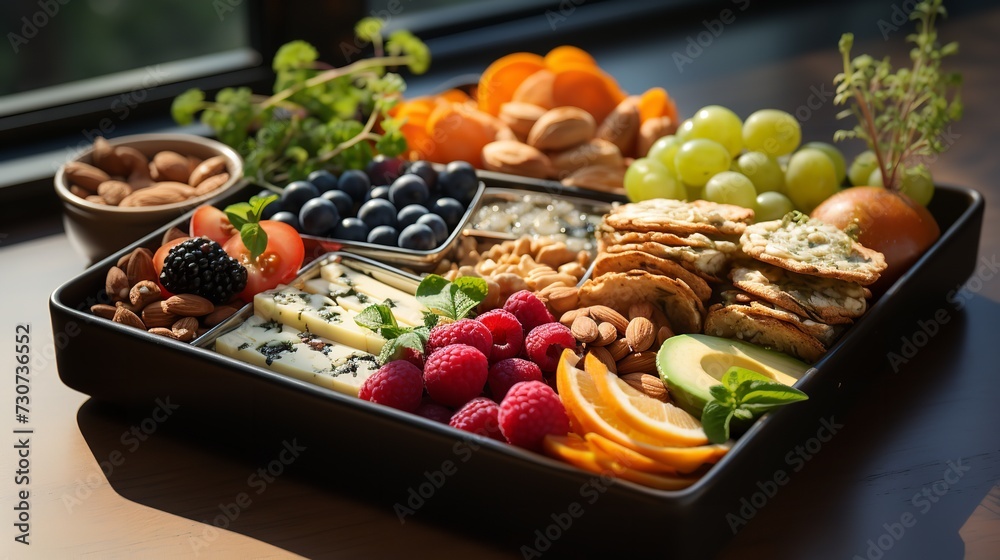 Bento box lunch of fresh fruits, nuts, cheese, an Bento box lunch of fresh fruits, nuts, cheese, an