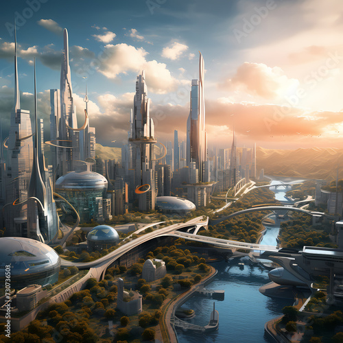 Aerial view of a futuristic mega-city.