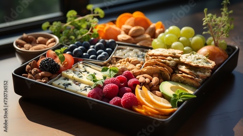 Bento box lunch of fresh fruits, nuts, cheese, an