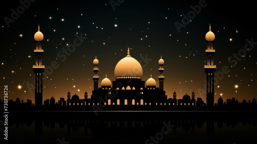 Silhouette of islamic mosque at night with stars and reflection