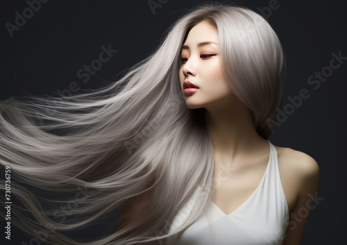 Elegant woman with flowing silver hair and serene expression