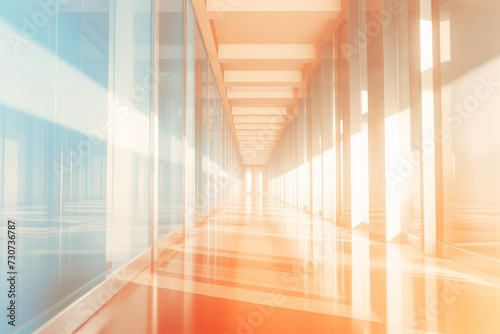 Modern office corridor with sunlight casting shadows and warm tones