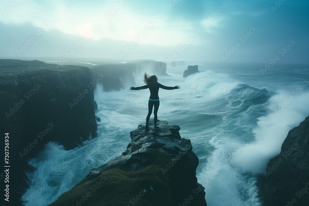 Silhouette of a person with outstretched arms standing on a sea cliff, embodying freedom, against a moody dusk sky.