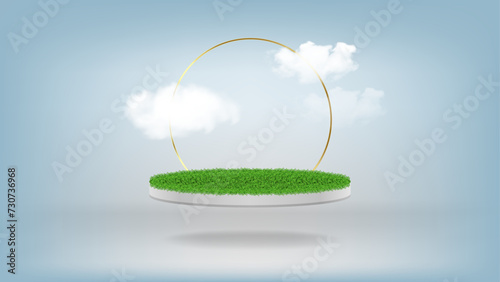 Floating slice land green grass surface. Flying and floating land grass platform and podium. Grass field flying in air with clouds and golden ring. Vector.