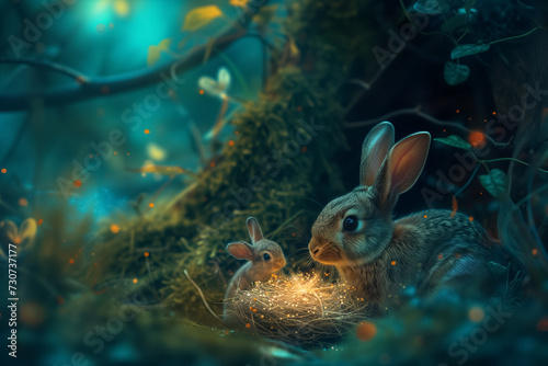 Easter bunny with nest of Easter eggs in the magic forest background. Easter card