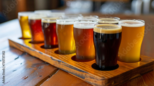 Craft Beer Sampler Tray. Variety of craft lassware with fresh beer. Glasses of beer on the counter. Different types of beer on a bar top in a pub. Beer tasting in a pub. Delicious beer light brew, dar