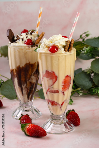 Knickerbocker Glory vanilla, chocolate and strawberry milkshakes photo