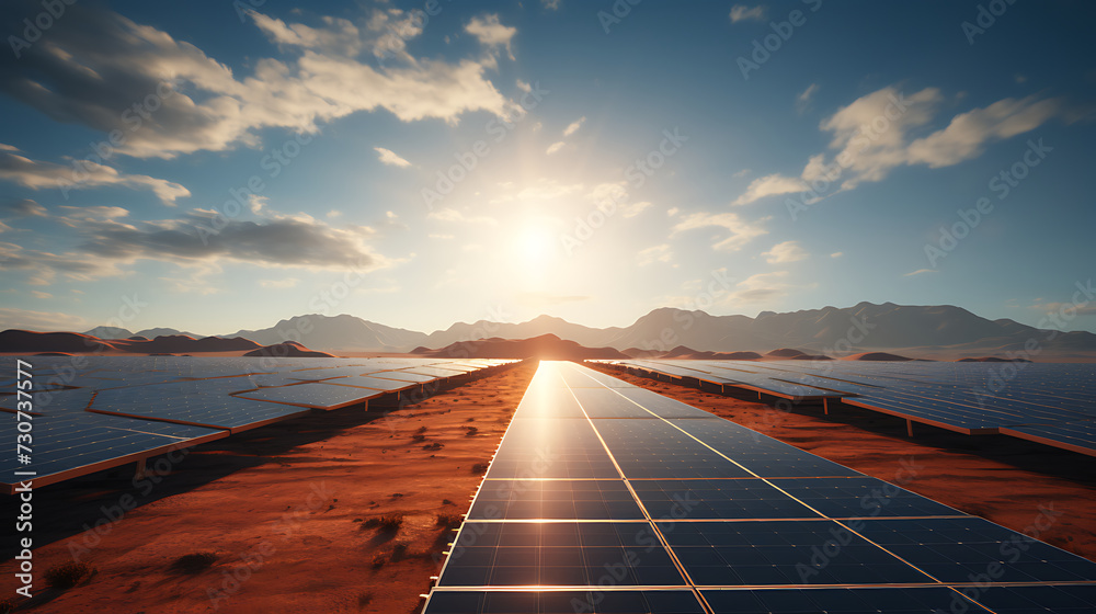 drone view solar panel field in desert realistic - obrazy, fototapety, plakaty 