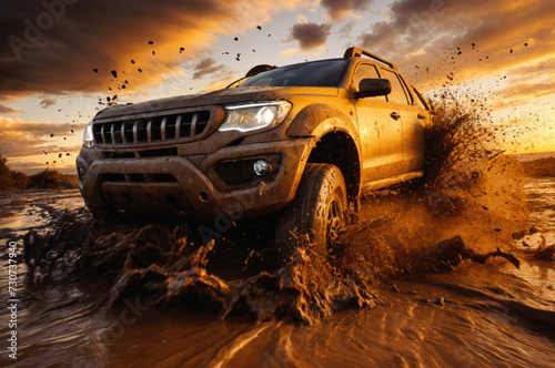 Car driving through mud and dirt. Embarking on an adrenaline fueled off road journey of extreme terrain exploration and vehicle endurance in the heart of nature challenges © remake