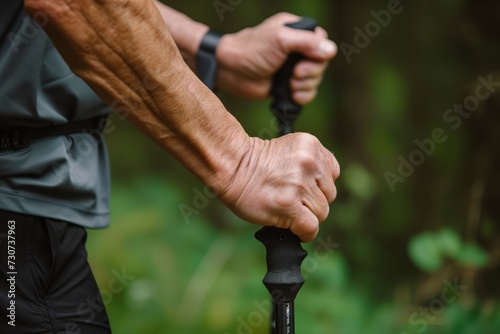 closeup on hands gripping nordic walking poles