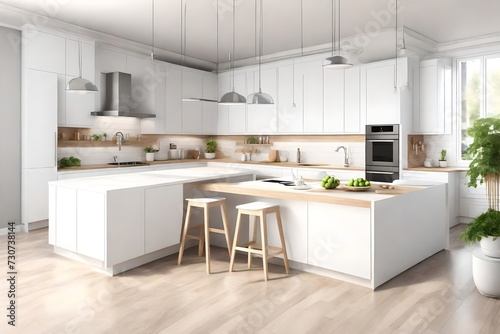  3d Illustration of white modern kitchen in a flat with beautiful design,A simple kitchen that is sober and complete, 